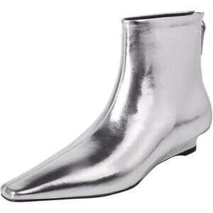 Beauty Cry Ankle Boots Women's Silver Leather Low Heel Square Toe Back Zipper